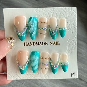 Handmade Teal & Nude Crystal V-Shape Press-On Nails